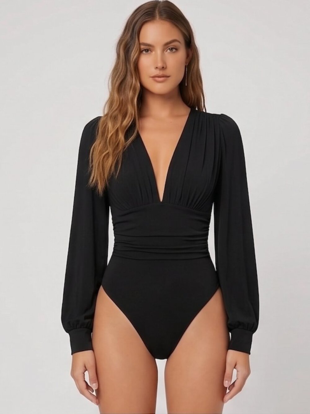Deep Plunge V-Neck Long Sleeve Bodysuit Ruched Waist